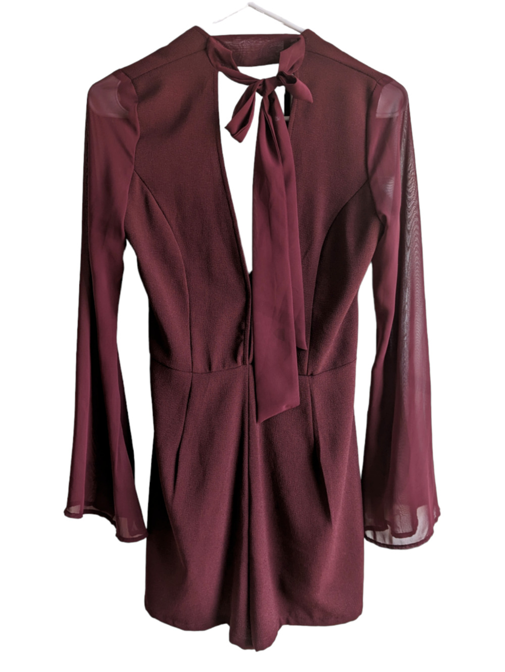 Solemio Womens Burgundy Plunge Neck Romper Sheer Bell Sleeve Zip Back Neck Tie S